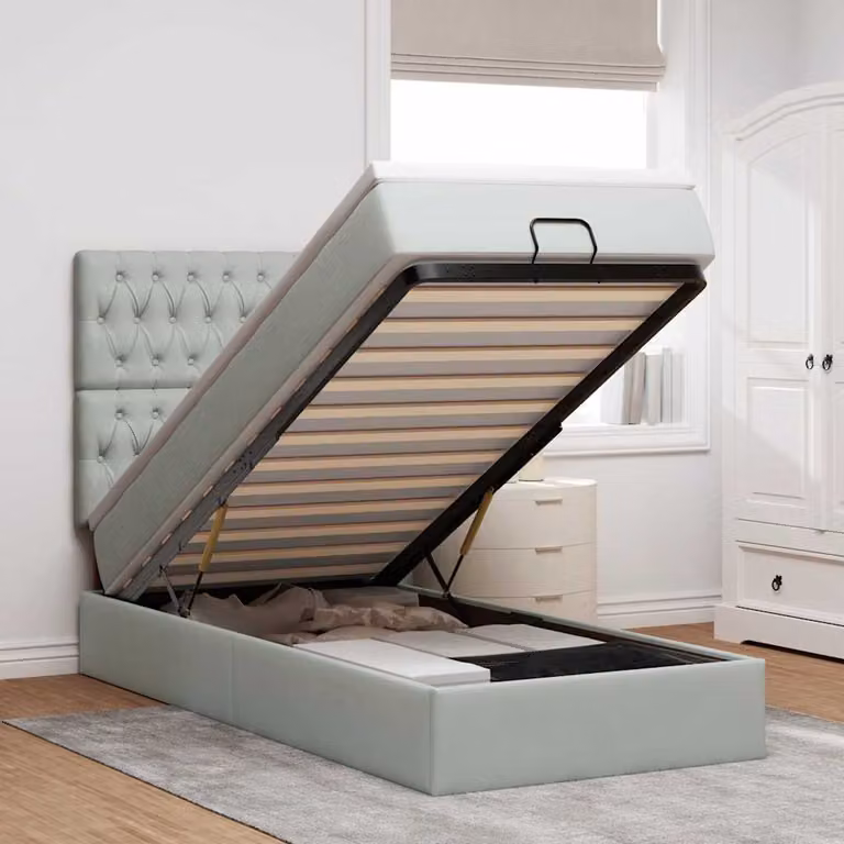 Letto con Pouf e Materasso vidaXL in Velluto con Base a Sollevamento, Illuminazione Sotto il Letto e Porte USB, L: 190 cm, P: 90 cm, H: 128 cm