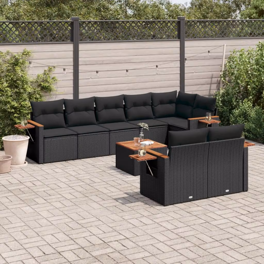 Set di divani da giardino vidaXL 9 pz in polyrattan nero con cuscini e tavolino da esterno a forma di L – 1