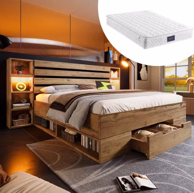 Letto 160x200 cm con LED, USB e cassetti in metallo, MDF e legno massello color rovere