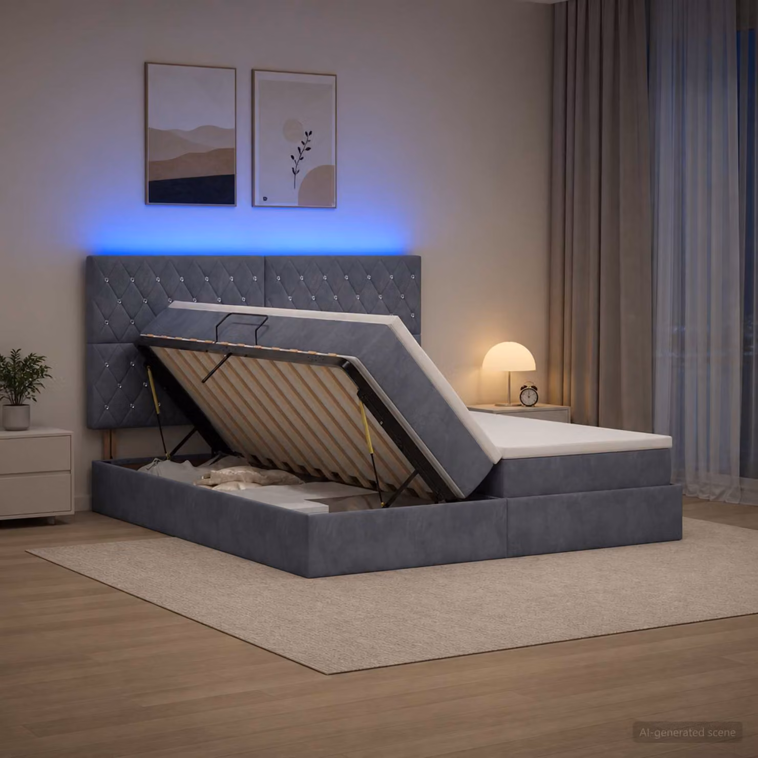 Letto con contenitore e materasso ibrido vidaXL in tessuto grigio con illuminazione LED e porte USB L/P/H: 180 x 200 x 128 cm