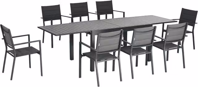 Set tavolo da pranzo allungabile Xylo con 8 sedie impilabili in alluminio e textil, colore grigio, per 6-10 persone