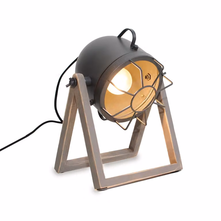 Lampada da tavolo con base in legno e testa regolabile in metallo in stile vintage, E27