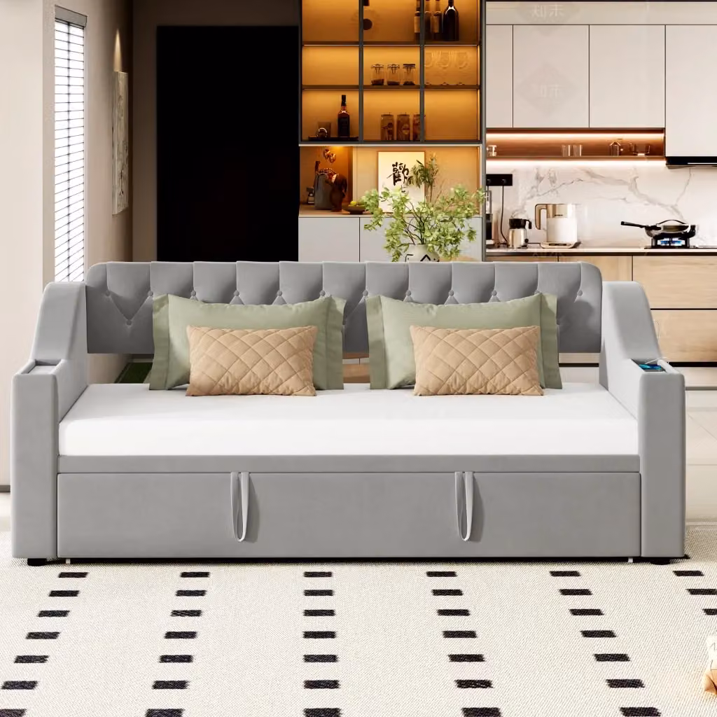 Letto estraibile singolo Chicfurn in tessuto grigio con porta USB, presa Type-C e ripiani nei braccioli, L/P/H: 90 x 190 x 108.5 cm – 2
