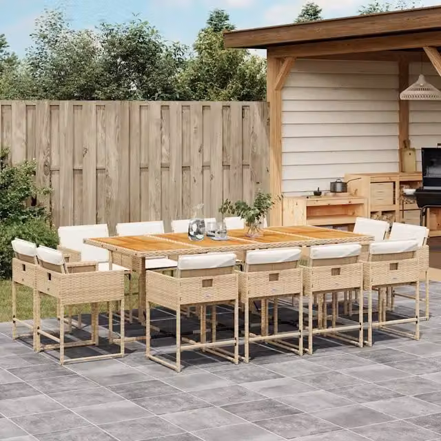 Set da pranzo da giardino vidaXL in polyrattan e legno di acacia con 13 pezzi e cuscini beige e bianchi – 1