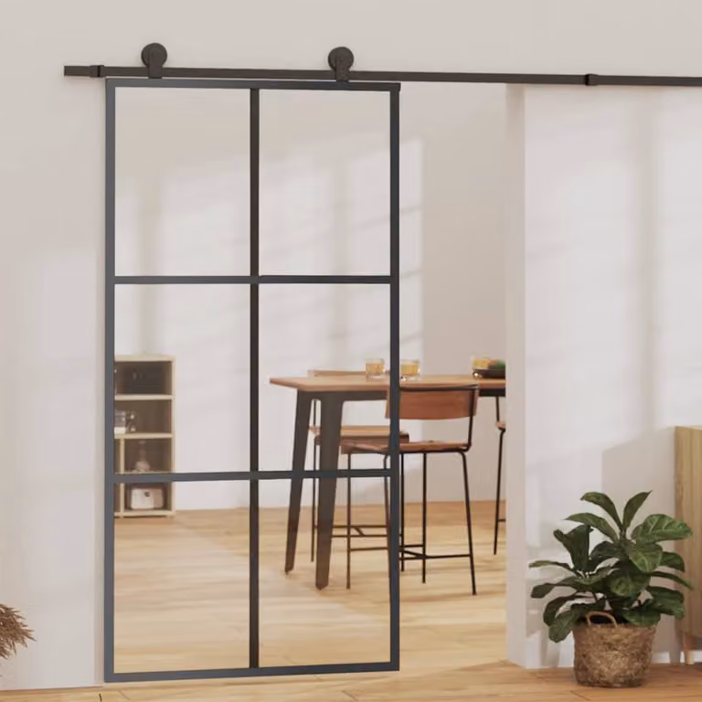 Porta Scorrevole in Vetro ESG e Alluminio vidaXL, Colore Nero e Trasparente, L 102 cm x H 205 cm