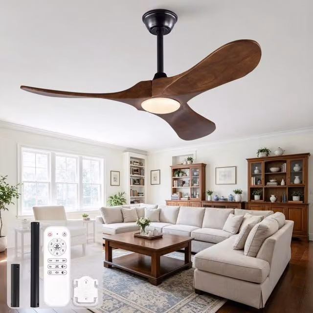 Ventilatore da soffitto sospeso con luce LED e telecomando, pale in legno massello color noce e struttura in metallo nero, diametro 106,68 cm – 1
