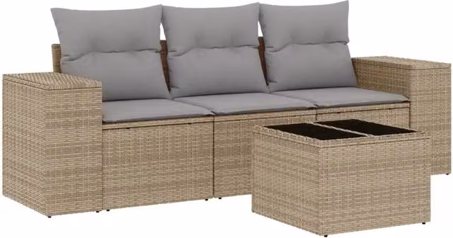 Set Divano da Giardino 4 pz | Set Salotto da Giardino con Cuscini Beige in Polyrattan