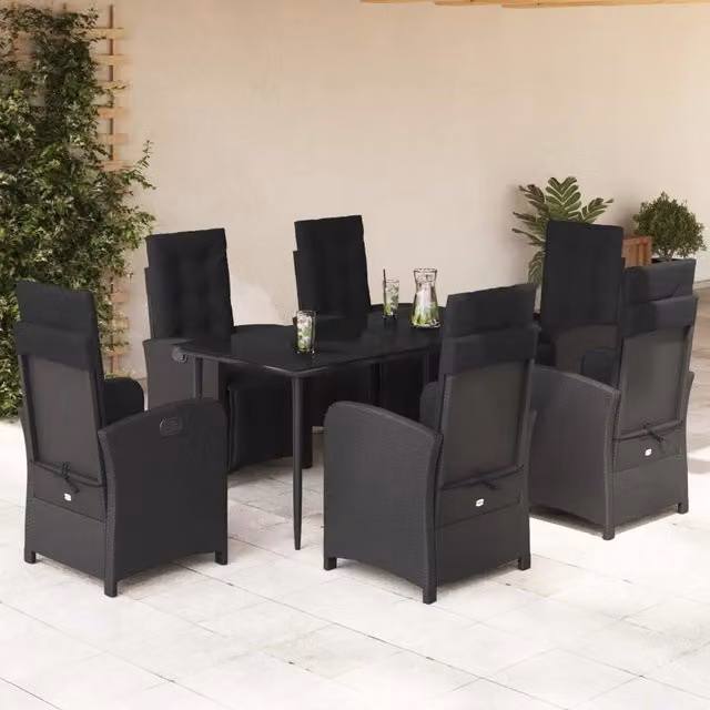Set da pranzo da giardino VIDAXL in polyrattan nero con tavolo in vetro e 7 pezzi