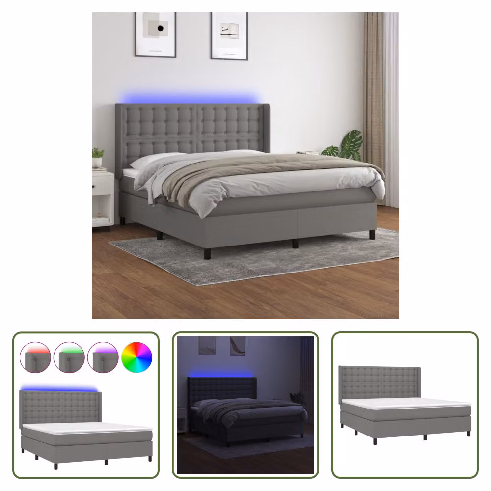The Living Store Letto a molle con materasso e LED in tessuto grigio scuro 160x200 cm