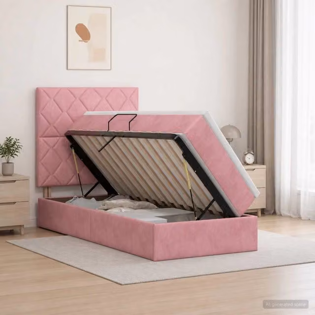 Letto con contenitore vidaXL in velluto rosa con base a sollevamento e illuminazione sottostante L/P/H: 204 x 90 x 140 cm