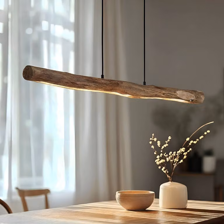 Lampada LED a sospensione Lindby Nekala, nera, in legno, lunghezza 120 cm Nekala Lindby, dimmerabile, Nero, Soggiorno / Sala da pranzo, Legno, Scandinavo