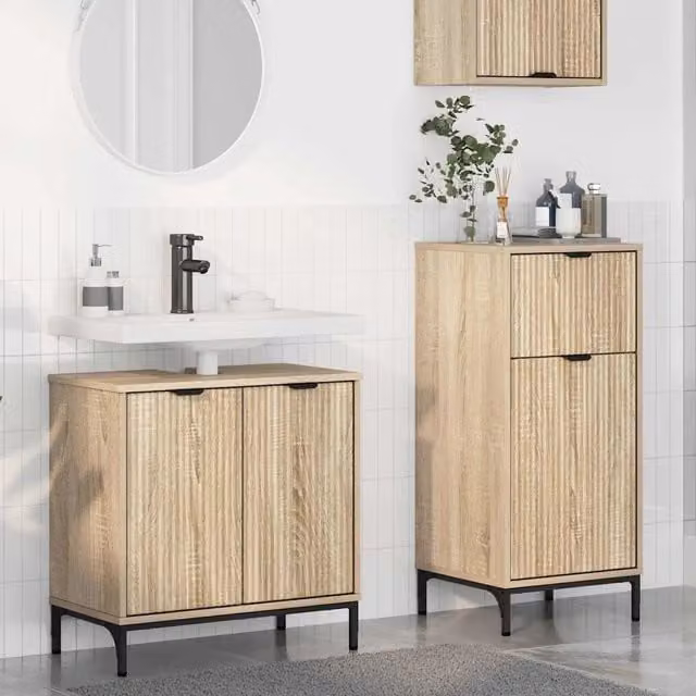 Set di mobili per il bagno moderno vidaXL in legno e metallo, 2 pezzi, marrone e beige, L/P/H: 60,5 x 35,5 x 88,0 cm