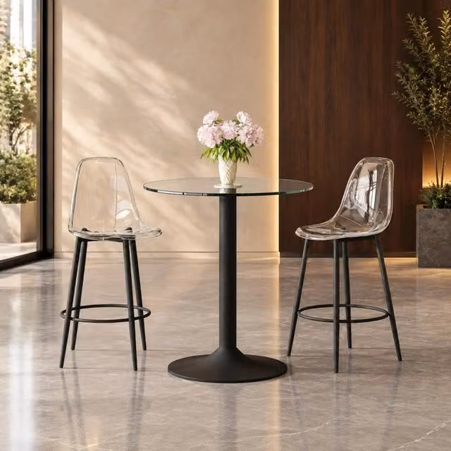 Set tavolo da bar Mivray con 2 sgabelli, piano rotondo in vetro trasparente e struttura in metallo nero opaco – 1