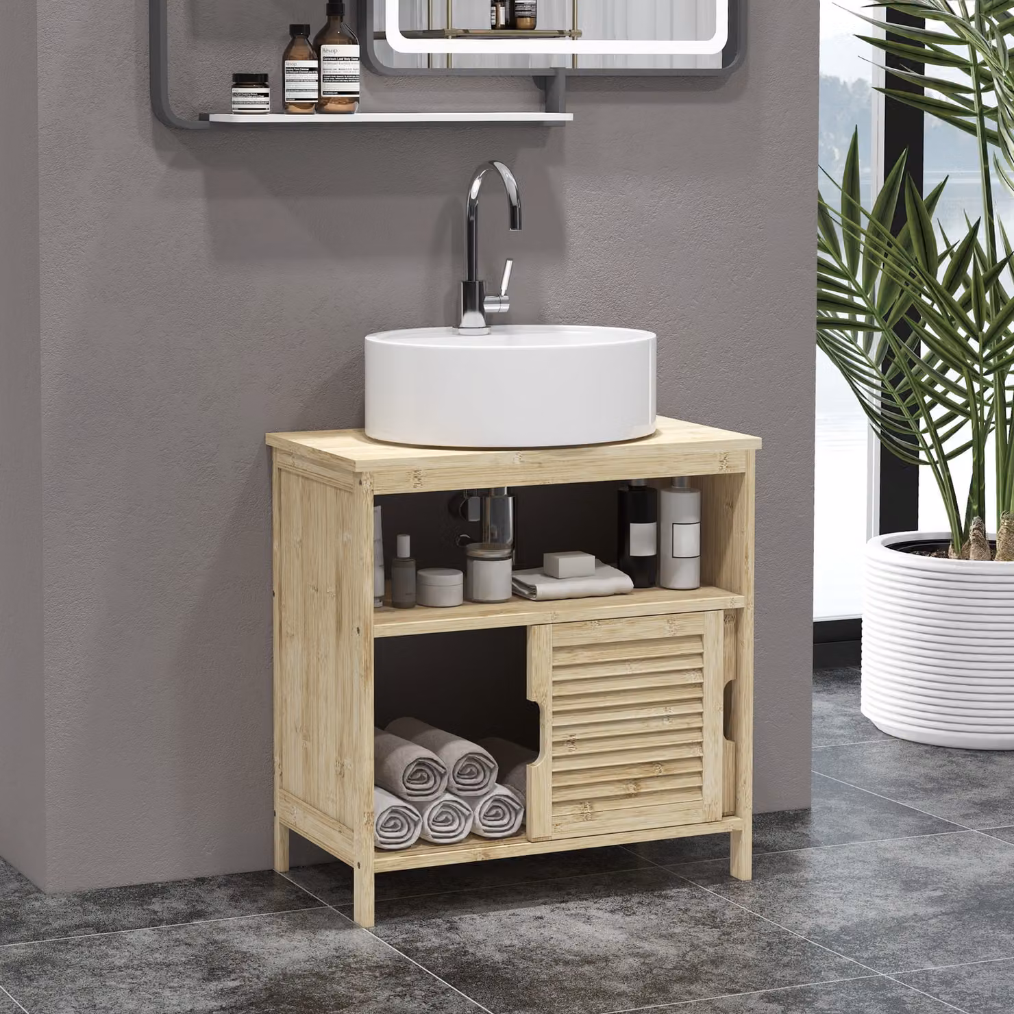Mobile sottolavabo da bagno HOMCOM in bambù con ripiani e ante, colore beige/marrone, L: 60 cm, P: 30 cm, H: 60 cm – 2