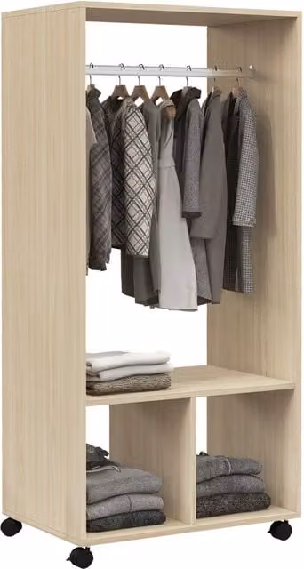 Armadio guardaroba aperto con appendiabiti 2 vani e 4 ruote girevoli, mobile salvaspazio legno naturale 60x40x128 cm