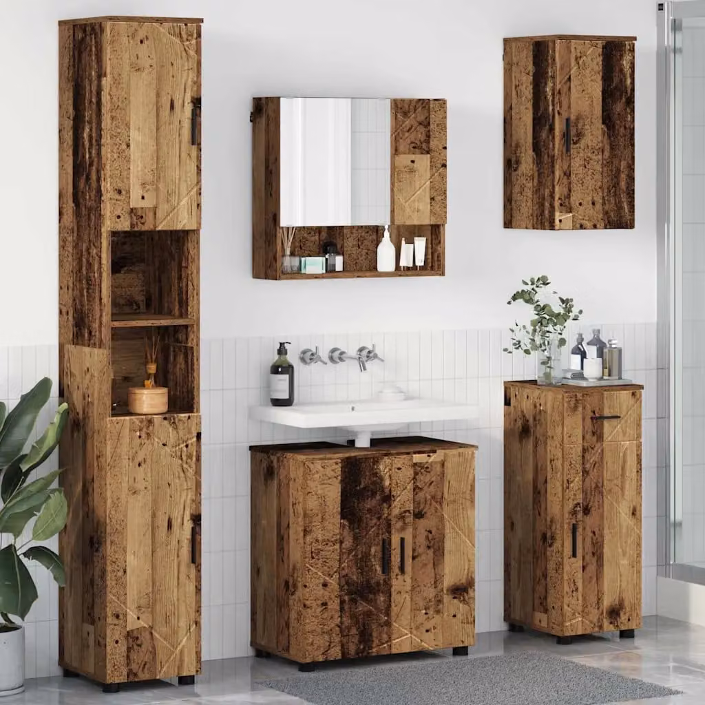 Set di mobili per il bagno moderno vidaXL in legno e metallo marrone, composto da mobile lavabo, armadietto con specchio e colonna, L/P/H: 61 x 35 x 64 cm – 1