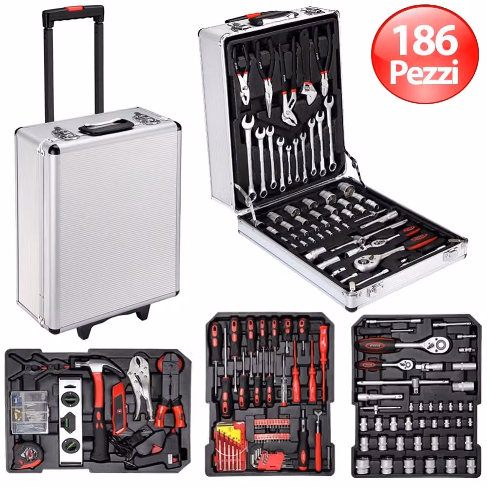 Set di attrezzi Trade Shop da 186 pezzi con trolley e valigia portautensili in alluminio e acciaio, colore argento – 2