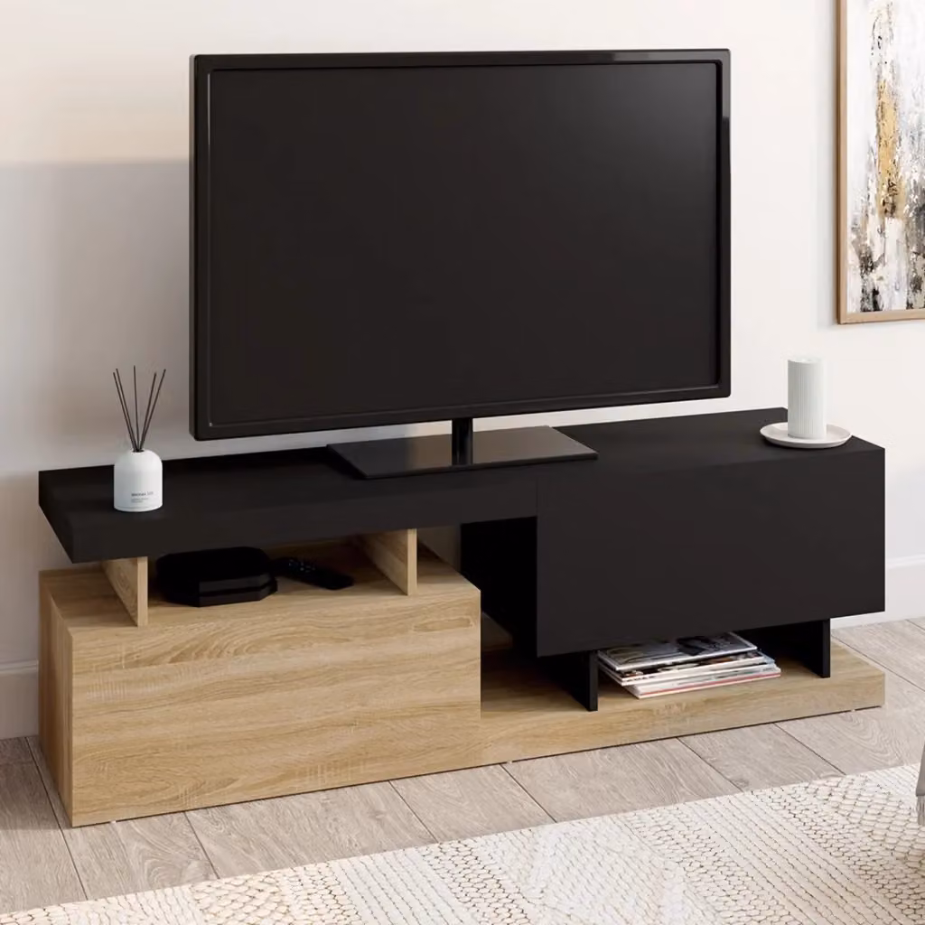 Mobile porta TV IDMarket ANGULO moderno con 2 ante, effetto legno e nero, L: 140 cm, P: 35 cm, H: 45 cm – 2