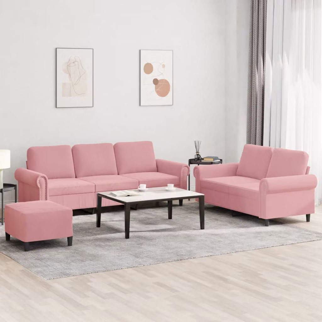 Set di divani vidaXL da 3 pezzi in velluto rosa con pouf e cuscini per soggiorno moderno – 1
