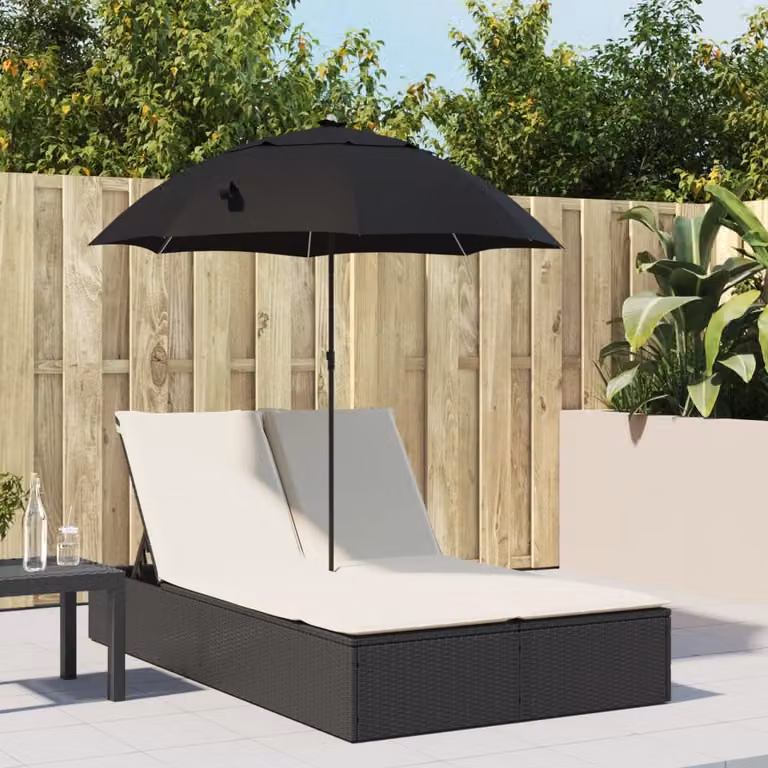 vidaXL Lettino Prendisole Doppio in Polyrattan Nero con Parasole e Poggiatesta Regolabile