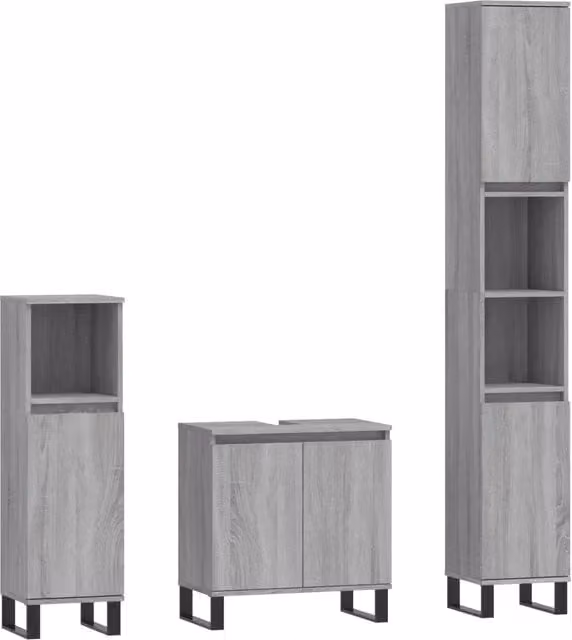 Set Mobili da Bagno | Armadio da bagno 3 pz Grigio Sonoma in Legno Multistrato