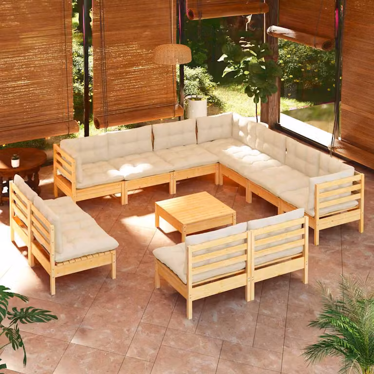 Set Divani da Giardino vidaXL a Forma di L in Legno Massello di Pino con Cuscini Imbottiti Beige