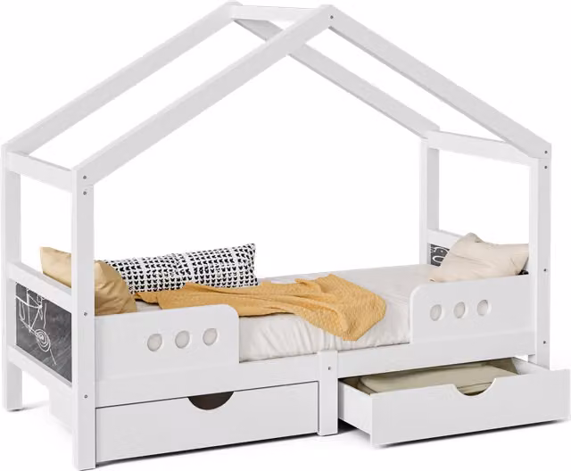 Letto casetta per bambini 90×200 cm con 2 cassetti e lavagna, senza materasso, in legno e MDF, bianco