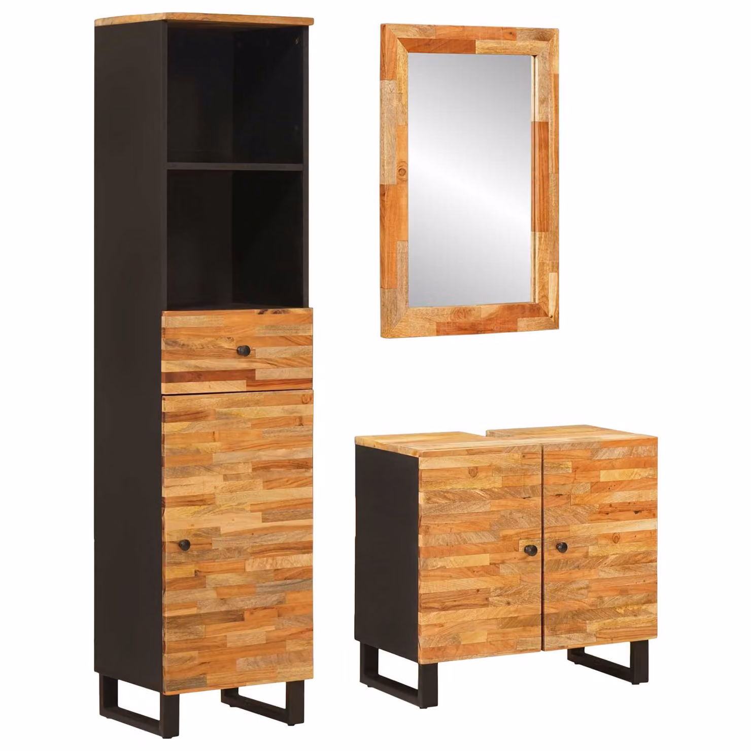 Set da bagno vidaXL in legno di mango massello naturale con mobiletto, armadietto specchio e colonna, colore marrone, H 160 x L 38 x P 33 cm