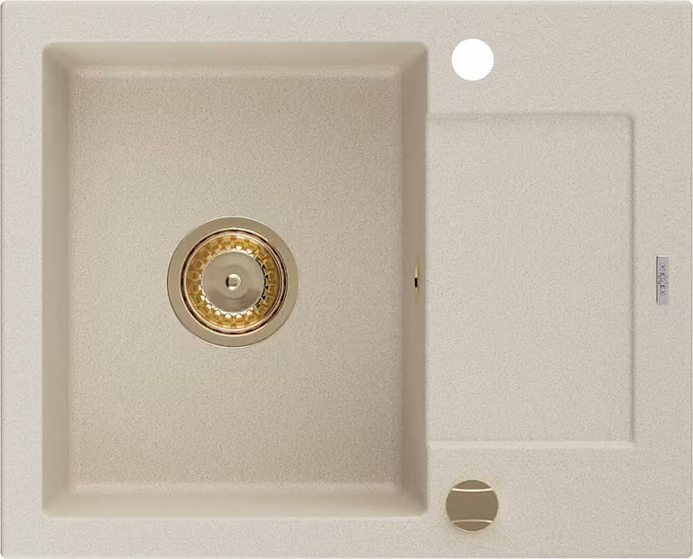 Mexen Enzo lavello in granito a 1 vasca con sgocciolatoio 576 x 465 mm, beige, sifone dorato - 6506571005-69-G