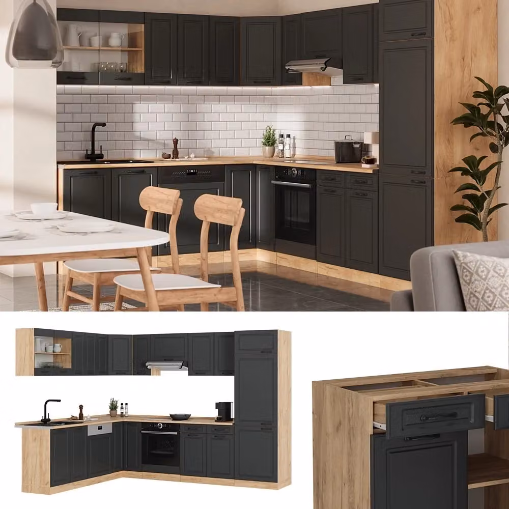 Cucina angolare completa Vicco R-Line Antracite e Rovere dorato con ante in vetro e illuminazione integrata L/P/H: 287 x 227 x 60 cm – 2