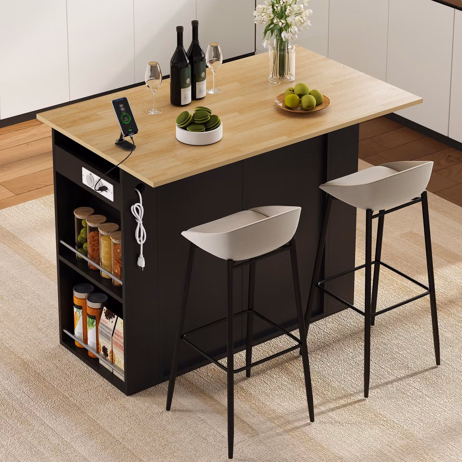 Isola da cucina STILVORA con piano di lavoro pieghevole, mobile da cucina con 2 ante e 1 cassetto, angolo caffè con scaffali aperti laterali e prese di corrente