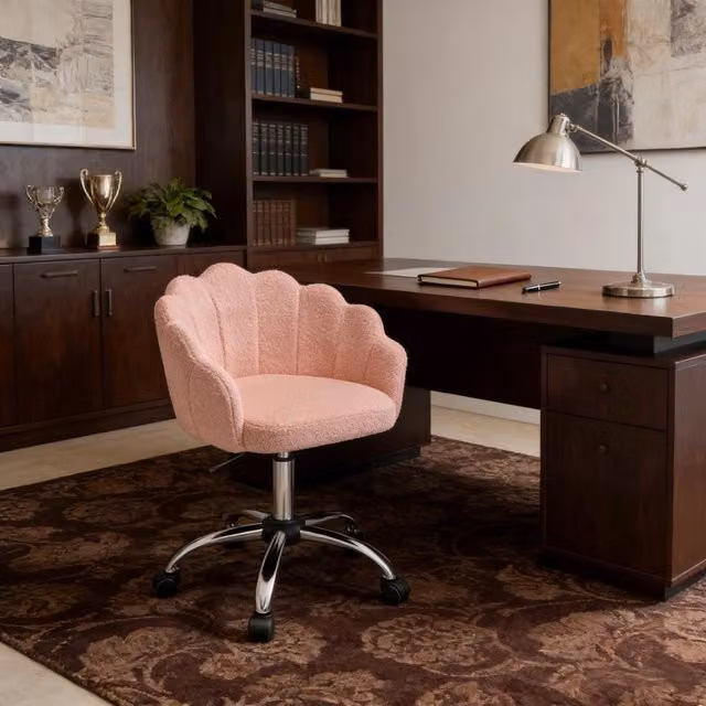 Chaise de bureau girevole in tessuto effetto cashmere con altezza regolabile, base in metallo e ruote silenziose rosa