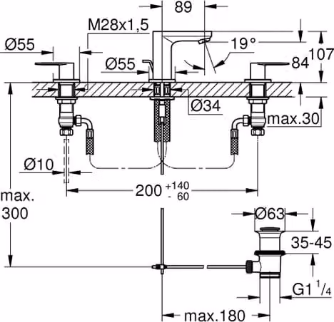 Grohe Eurosmart Cosmopolitan, mitigeur de lavabo 3 trous, saillie 89mm, vidage à tirette, 20187000, 20187000
