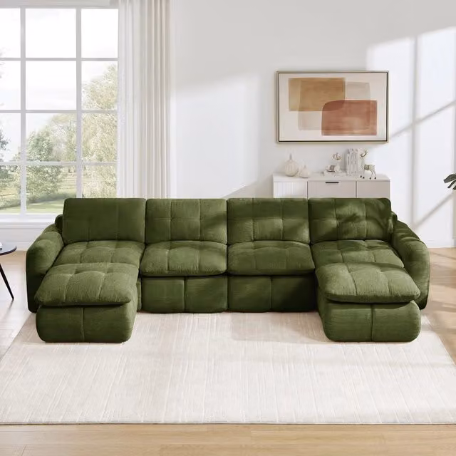 Divano 4 posti Minimal con 2 poggiapiedi in tessuto chenille verde con design trapuntato moderno
