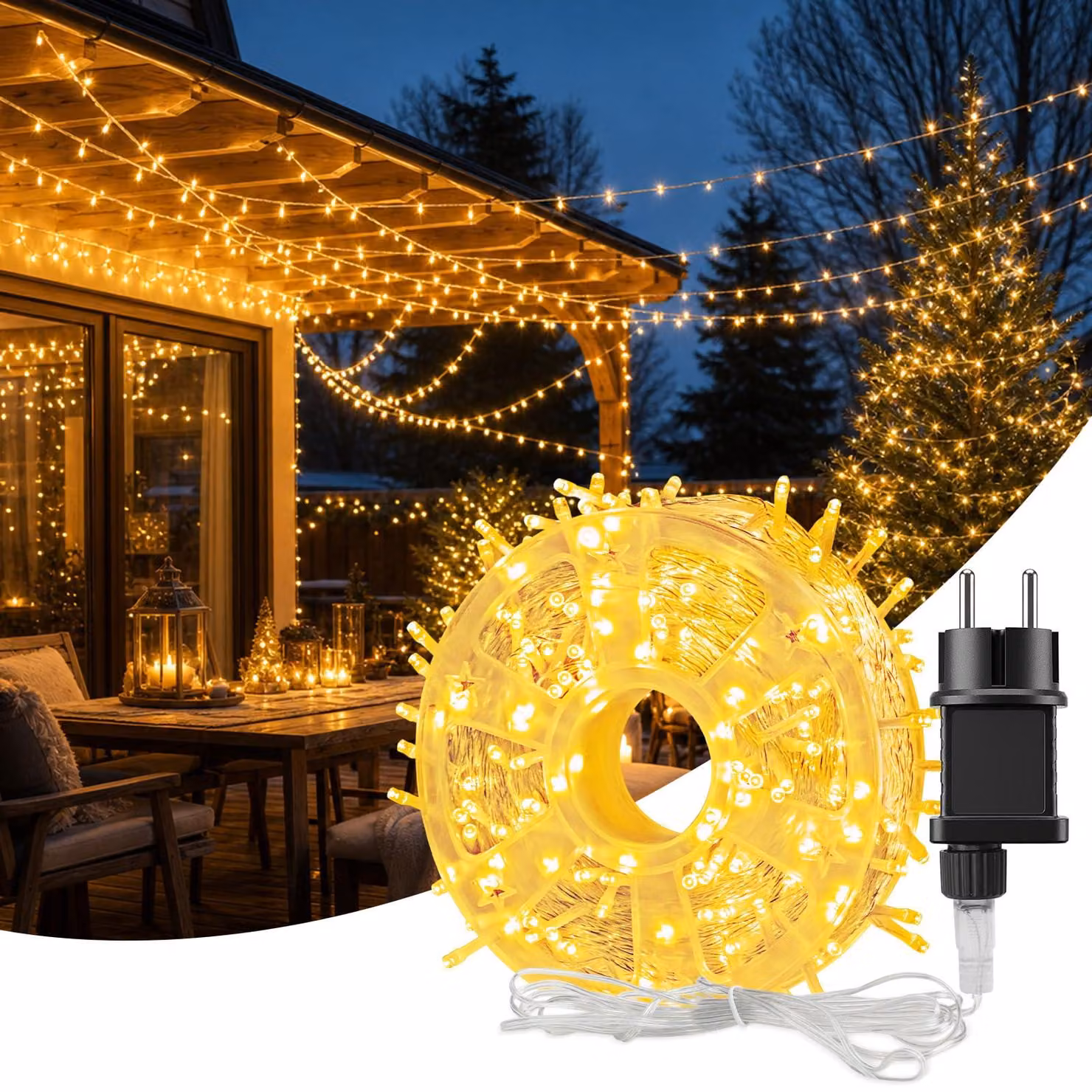 Catena luminosa a LED, 40 metri, 370 LED, grado di protezione IP54, timer, 8 modalità, luce bianco caldo