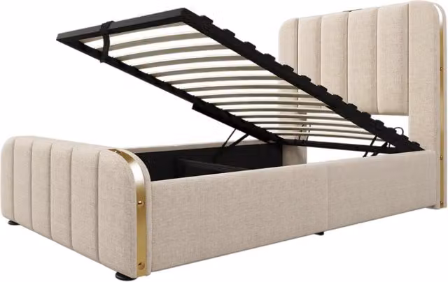 Letto singolo imbottito 90x200 cm con testiera beige in lino, righe dorate e funzione di ricarica USB Tipo-C, contenitore idraulico incluso