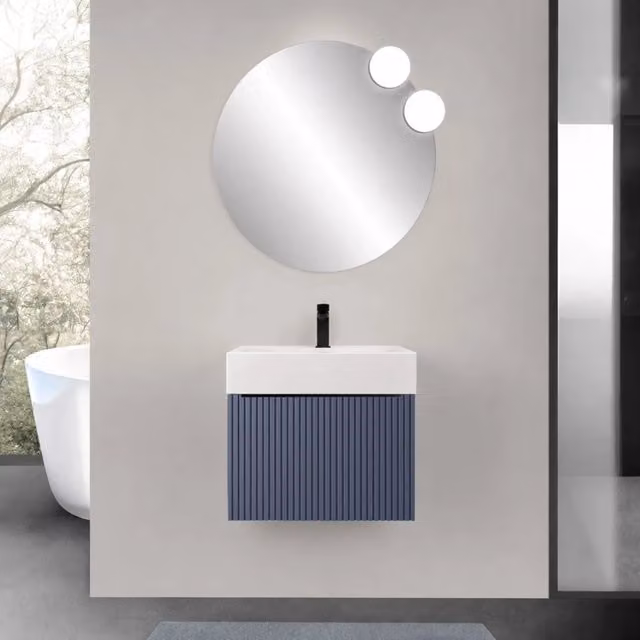 Mobile bagno sospeso 70 cm blu notte con un cassetto e lavabo alto in resina Nara