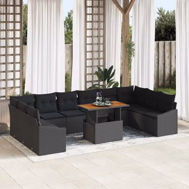 Set Divano da Giardino vidaXL in Polyrattan e Legno di Acacia, 11 Pezzi, Nero e Marrone – 1