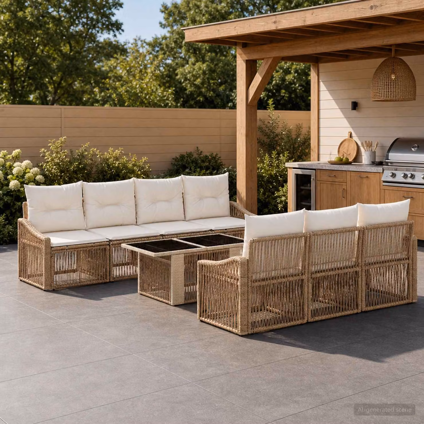 Set Divano da Giardino 8 pz vidaXL in Polyrattan Beige e Bianco con Cuscini e Tavolino da Esterno