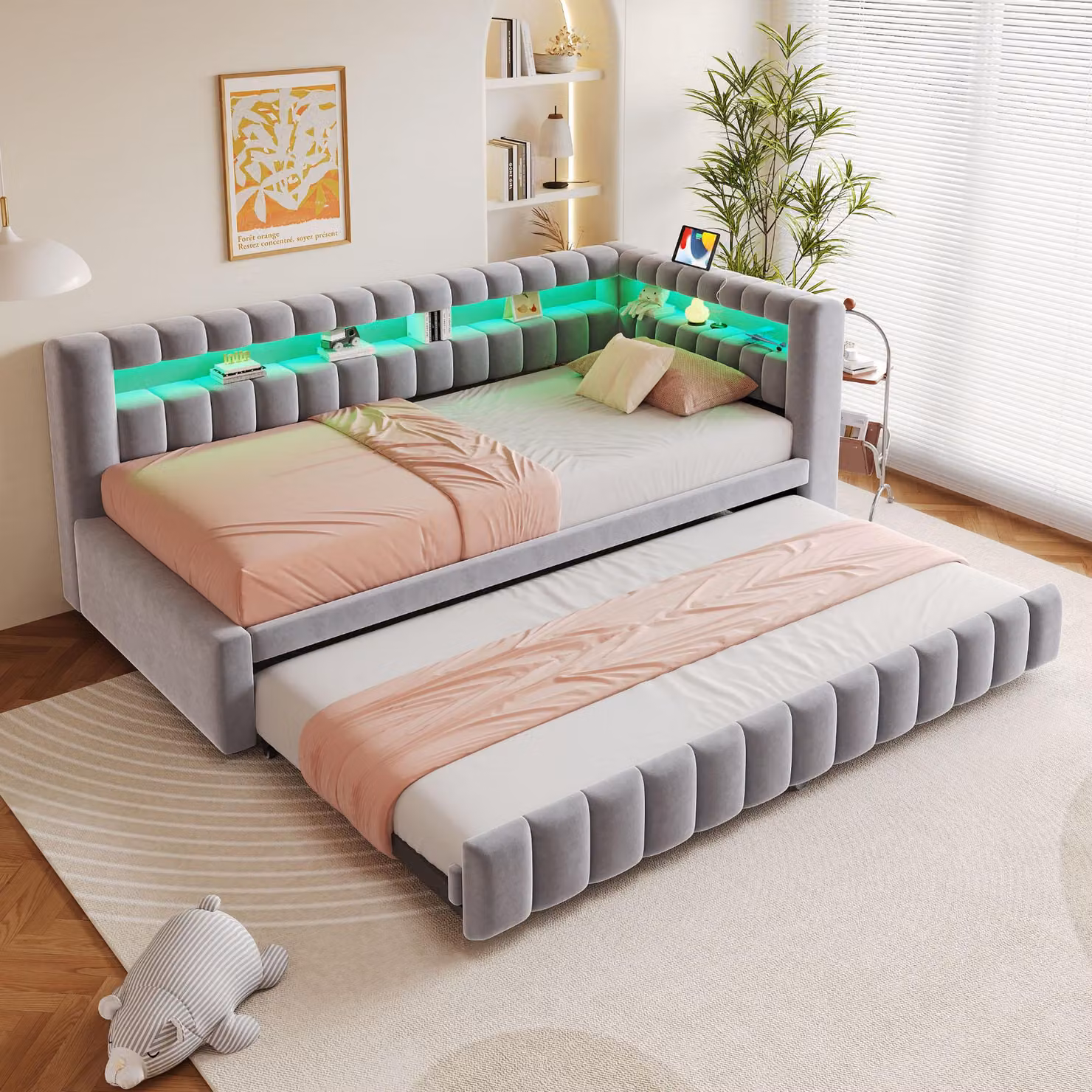 Letto imbottito MODFU, modello daybed, 90 x 200/190 cm, in velluto. Divano letto con meccanismo estraibile, daybed con illuminazione LED e porta USB/Type-C. Senza materasso. Colore: grigio chiaro
