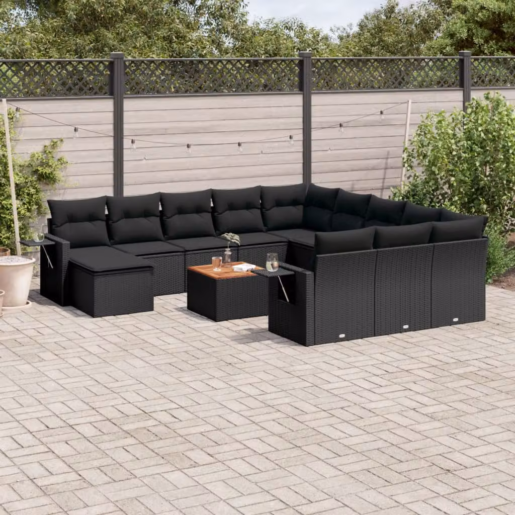 Set di divani da giardino vidaXL in polyrattan nero con cuscini, tavolino e pouf, design moderno a forma di L per esterno – 1