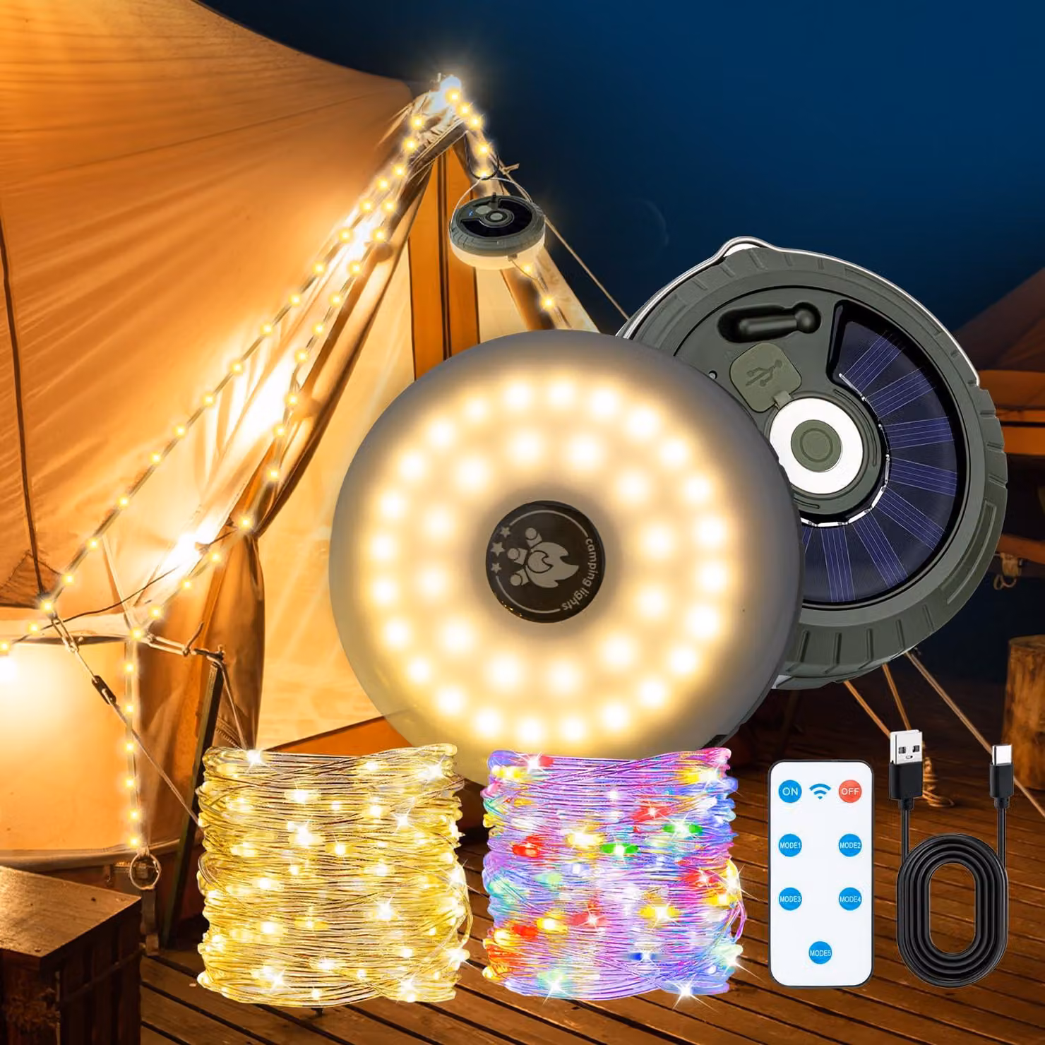 Catena luminosa solare per campeggio, 10 metri, multicolore, grado di protezione IP44, con telecomando