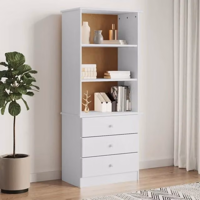 Libreria con Cassetti-Scaffale per Libri-Mobile di Stoccaggio ALTA Bianca 60x35x142 cm Massello di Pino