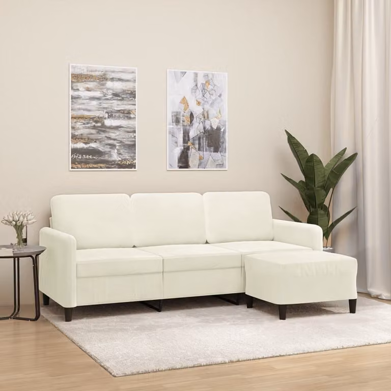 Maison Exclusive - Divano a tre posti con poggiapiedi, color crema, 180 cm, in velluto