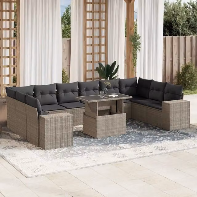 Set di Divani da Giardino vidaXL in Polyrattan Grigio Antracite con Cuscini e Tavolino da Esterno 11 Pezzi – 1