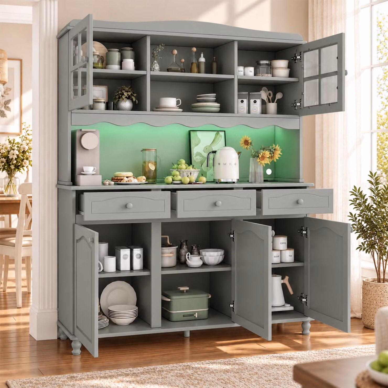Armadio da cucina con cassetti, credenze con illuminazione a LED e prese di corrente, mobile alto con spazio contenitivo, dimensioni 135x40x185 cm, colore grigio-verde, materiale: pannello di fibra a media densità (PB)