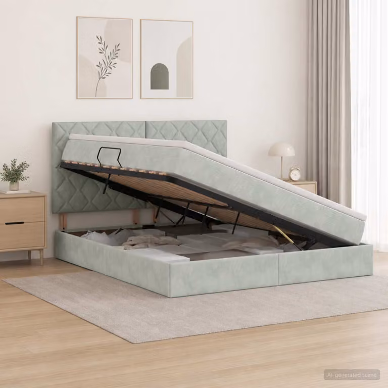 Letto moderno con contenitore e materasso vidaXL in tessuto grigio, L/P/H: 180 x 200 x 140 cm
