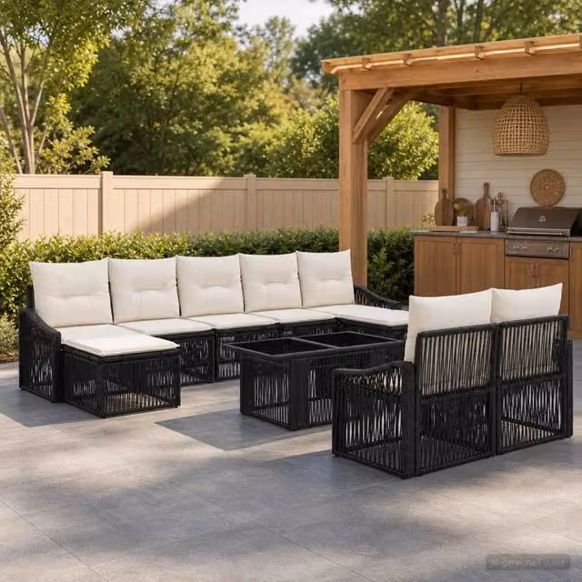 Set Divano da Giardino vidaXL 10 Pezzi in Polyrattan Nero, Bianco e Beige con Cuscini e Tavolino in Vetro – 1