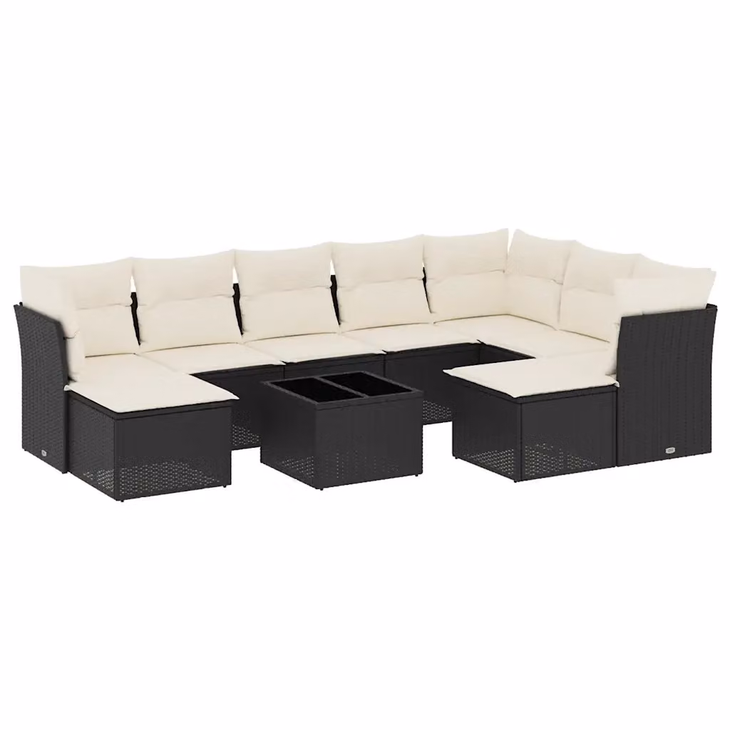 vidaXL Set Divani da Giardino a L 10 Pezzi in Polyrattan Nero con Cuscini e Tavolino da Esterno – 2