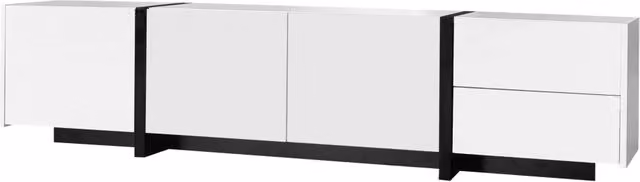Mobile TV DESMIU bianco lucido con gambe nere, 170x30x39 cm, con ante, cassetto e anta a ribalta